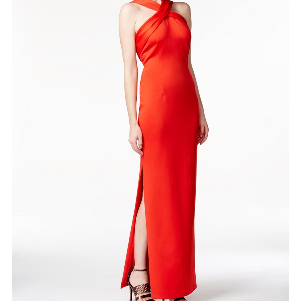 CALVIN KLEIN SIDE SLIT SLEEVELESS HALTER GOWN